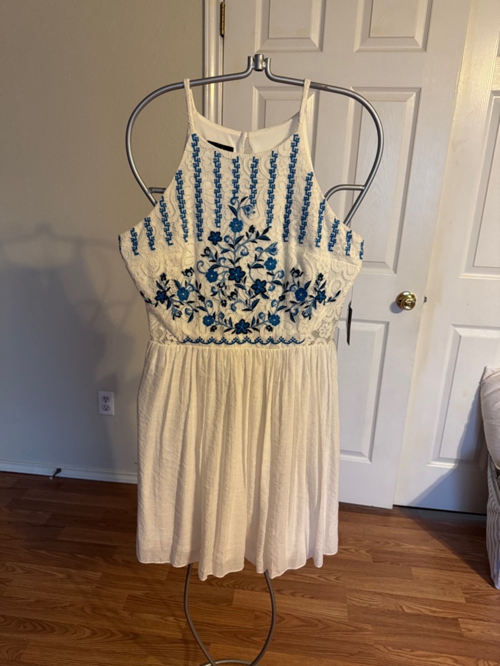White Mini Dress with Blue Floral Embroidery
